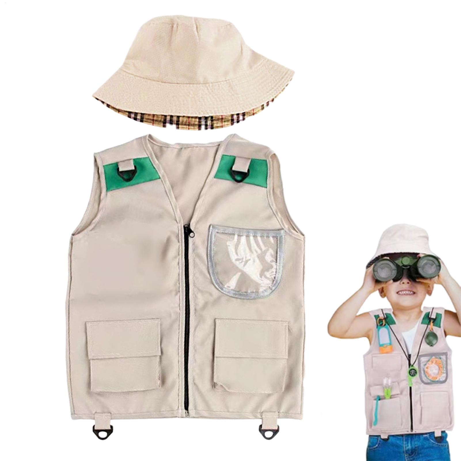 Outdoor Adventure Girls - サファリキッズアウトドアエクスプローラーキット、カーゴベストと帽子セット、裏庭での自然冒険、男の子と女の子向けの洗えるコスチューム