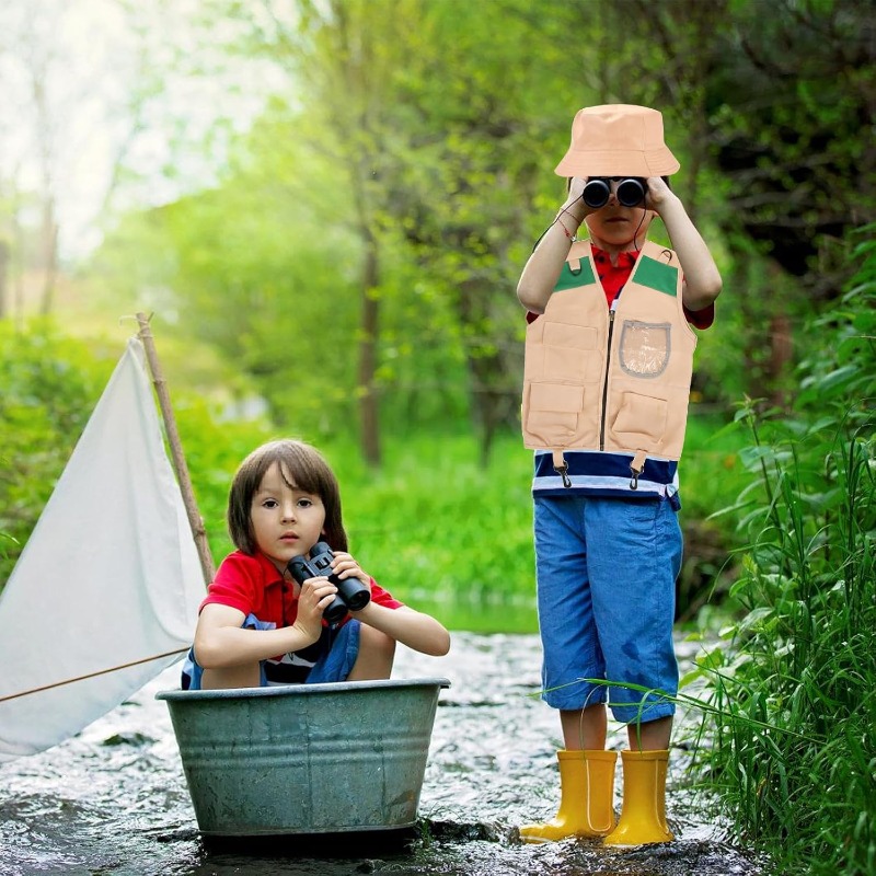 Outdoor Adventure Girls - サファリコスチューム、カーゴベストと帽子付き、男の子と女の子のための裏庭探検家ドレスアップ、公園のレンジャーごっこ遊び用アウトドアアドベンチャープレセット
